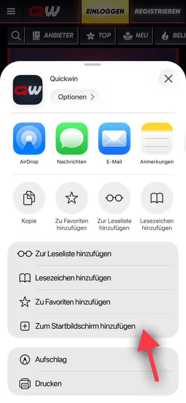 Öffne das teilen-menü auf deinem iOS-gerät bei QuickWin, um mit dem vorgang fortzufahren.