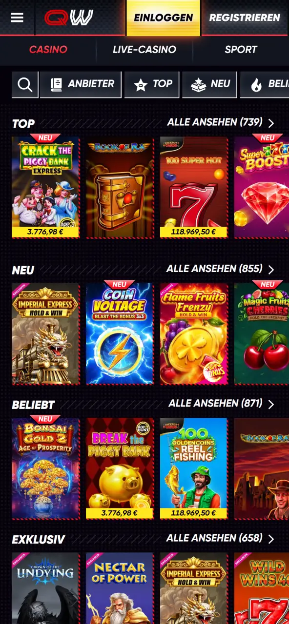 Erlebe flüssiges gaming und eine riesige spielauswahl im casino-bereich der QuickWin-app.