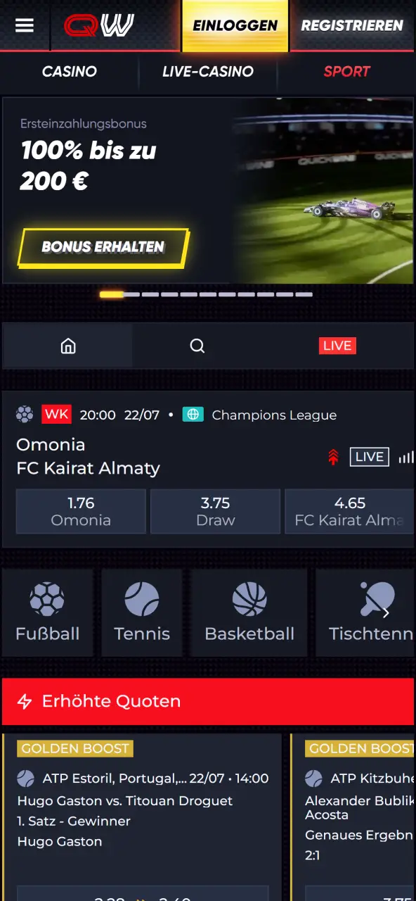 Platziere deine tipps mühelos im benutzerfreundlichen sport-bereich der QuickWin-app.