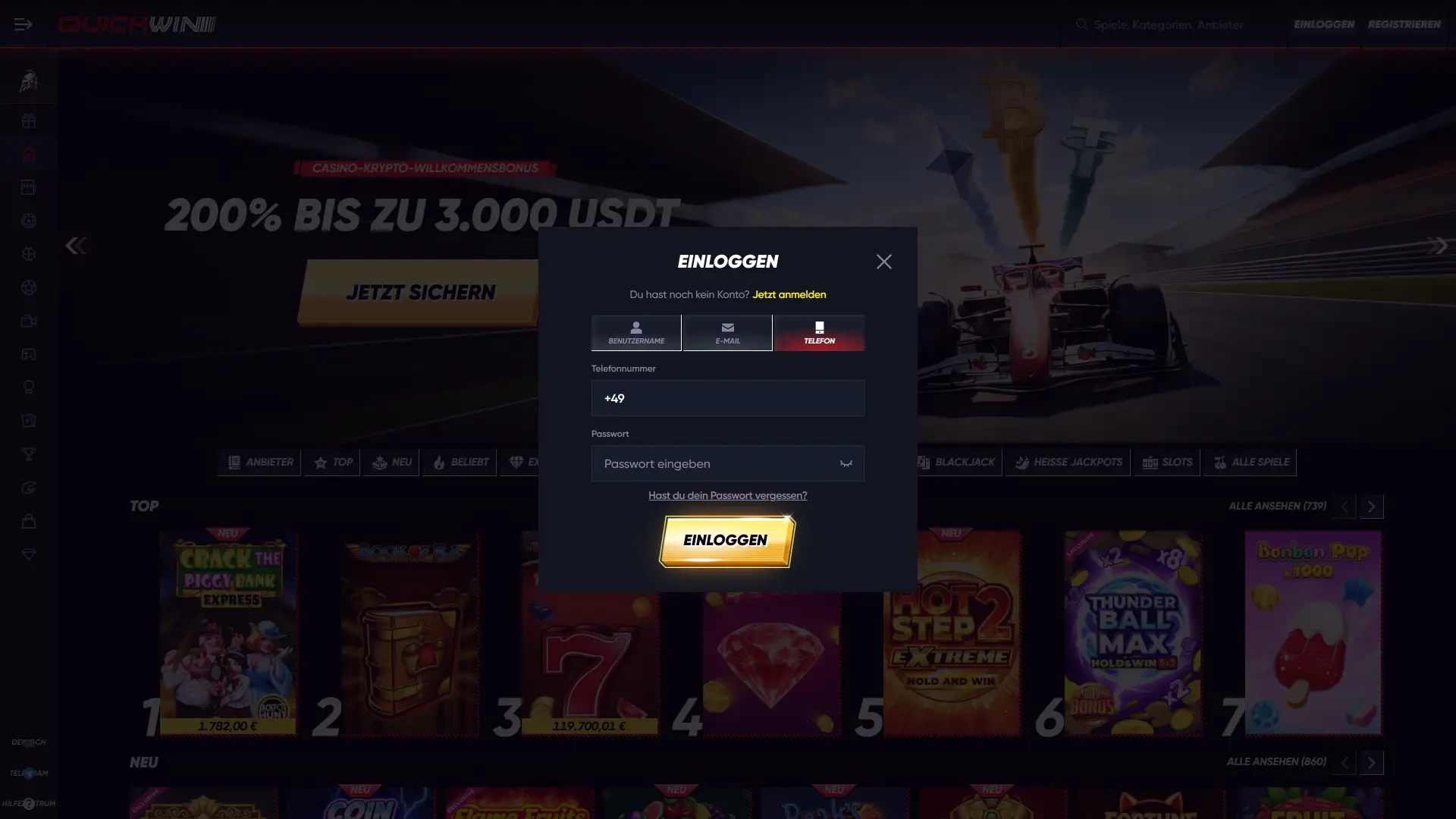 Melde dich in deinem konto bei QuickWin an, um den auszahlungsprozess zu starten.
