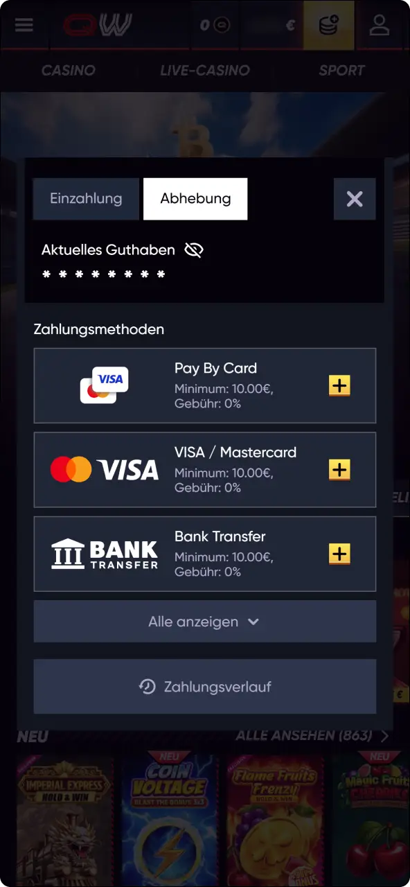 Öffne die übersichtliche auszahlungsseite in der QuickWin-app.