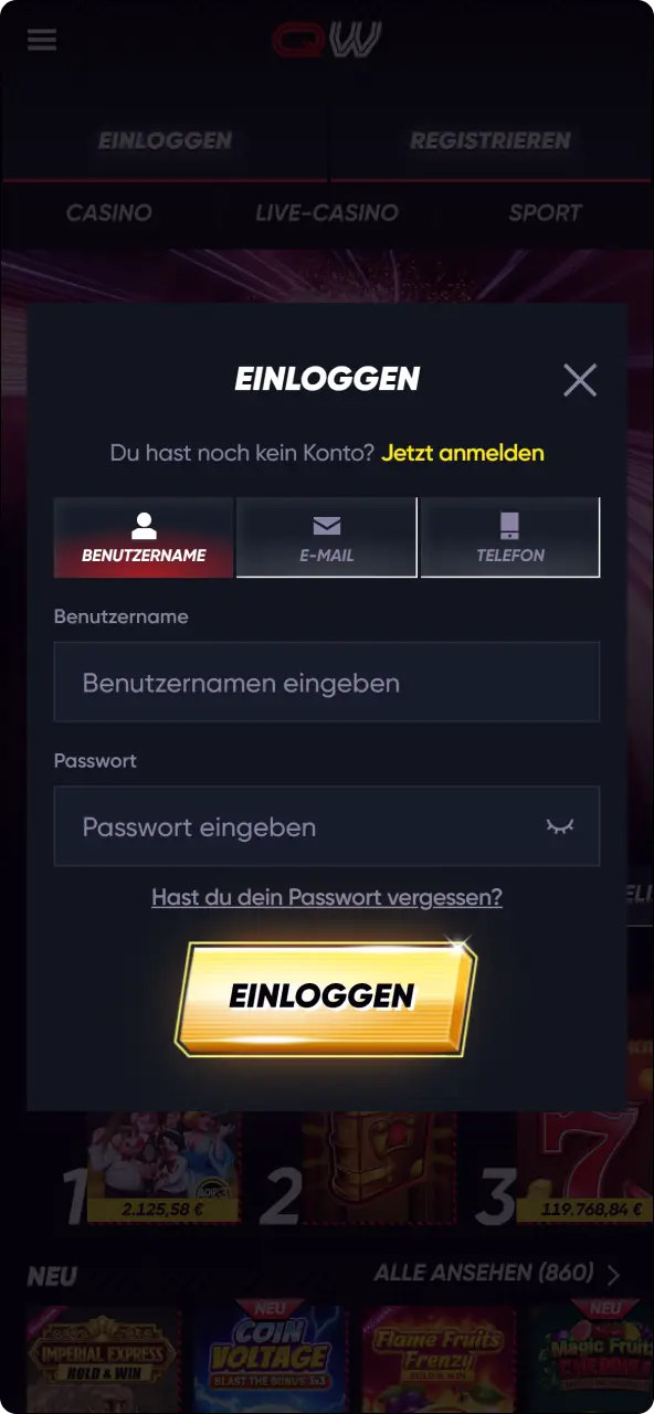 Öffne die QuickWin-app auf deinem smartphone oder tablet und melde dich an.