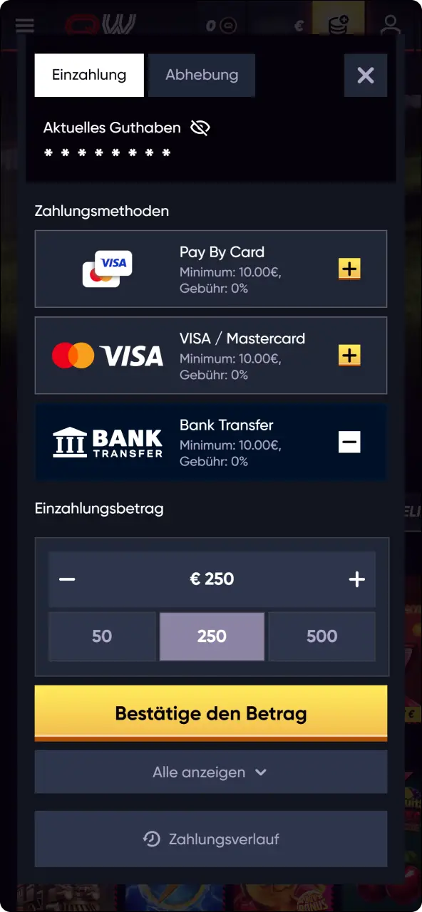 Tätige deine einzahlung über deine bevorzugte zahlungsmethode in der app.