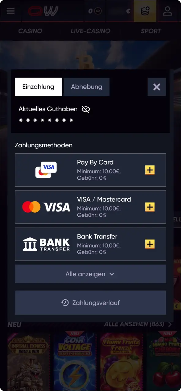 Öffne den übersichtlichen einzahlungsbereich in der QuickWin-app.