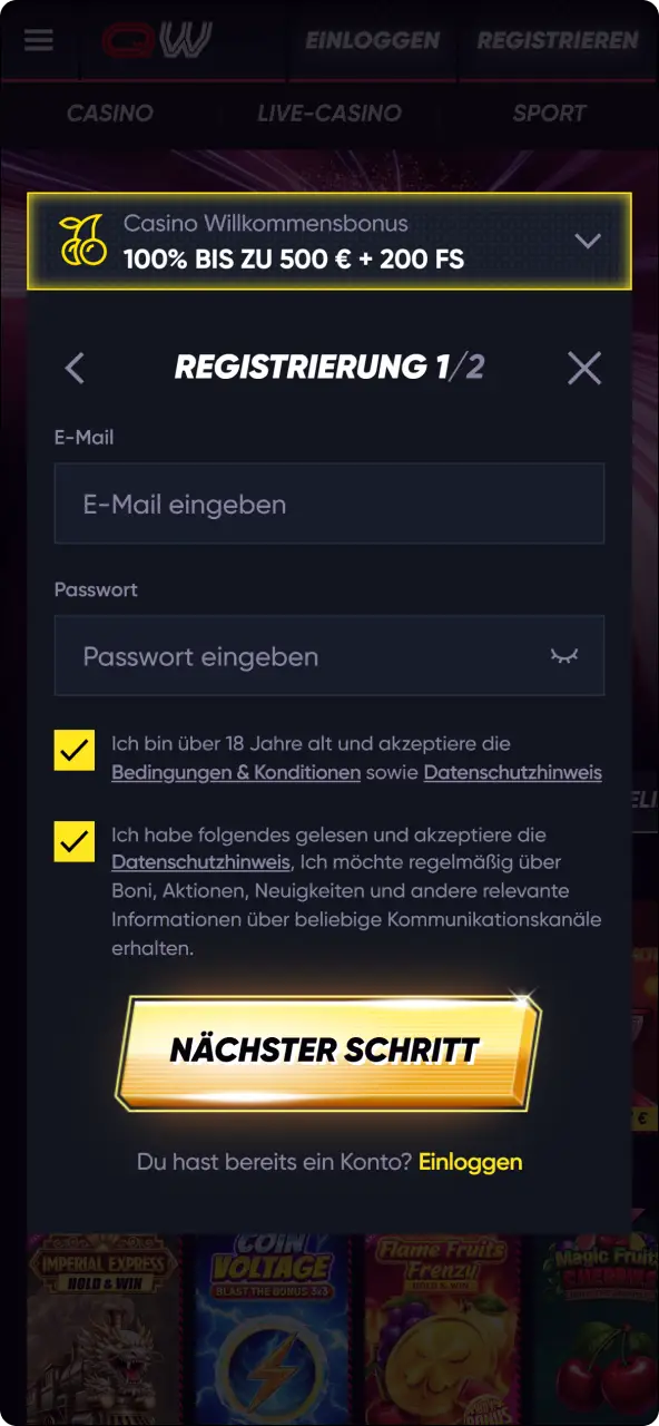 Melde dich in deinem konto über die mobile QuickWin-app an.