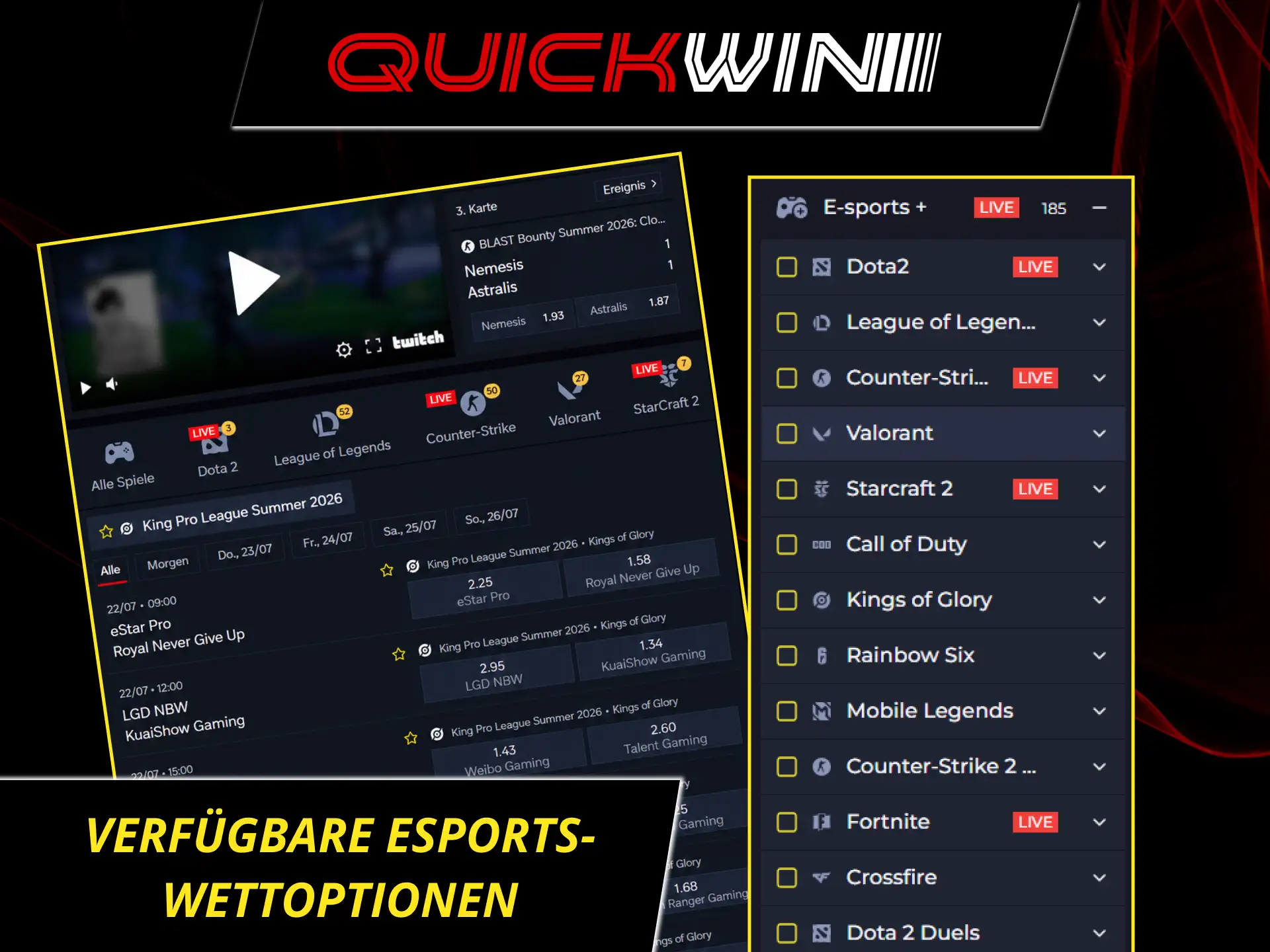 Nutze die vielfältigen eSports wettoptionen bei Quickwin für deine wetten.