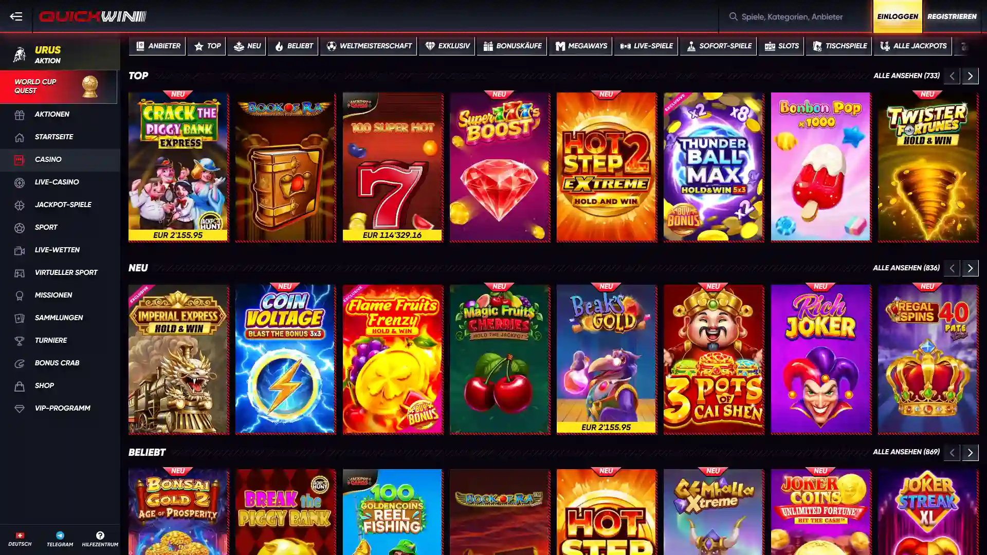 Erlebe das umfangreiche casino auf der Quickwin desktop oberflache direkt am bildschirm.
