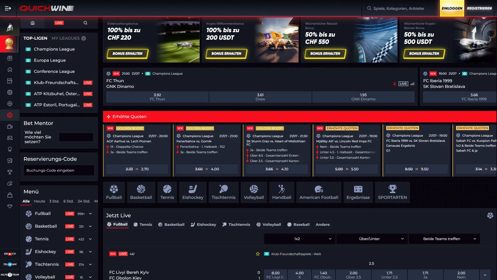 Platziere deine wetten im bereich sport auf der Quickwin desktop oberflache.