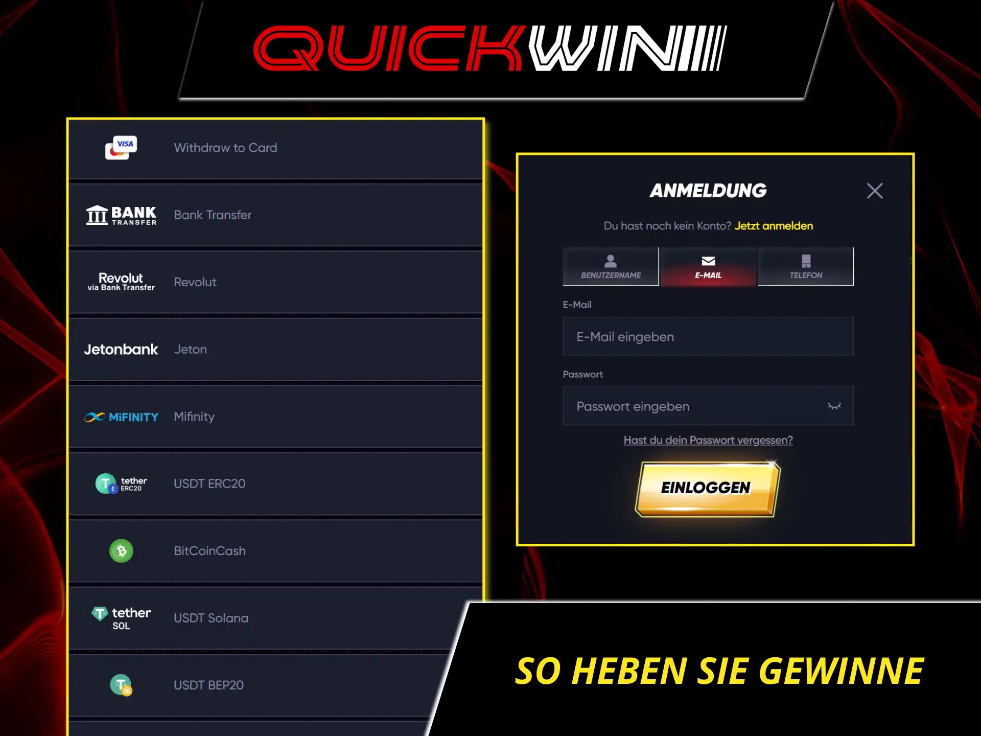 Führe deine schnelle abhebung bei Quickwin durch und sichere dir deine gewinne.