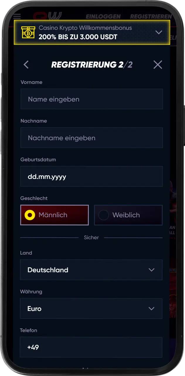 Gib deine erforderlichen daten bei Quickwin ein und schließe die registrierung erfolgreich ab.