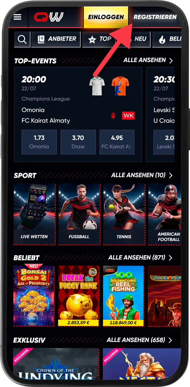 Öffne die mobile app von Quickwin auf deinem smartphone oder tablet.