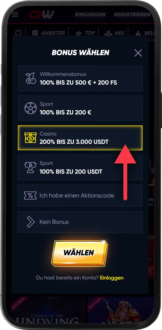 Wähle deinen gewünschten willkommensbonus bei Quickwin aus, um dir extra startguthaben zu sichern.