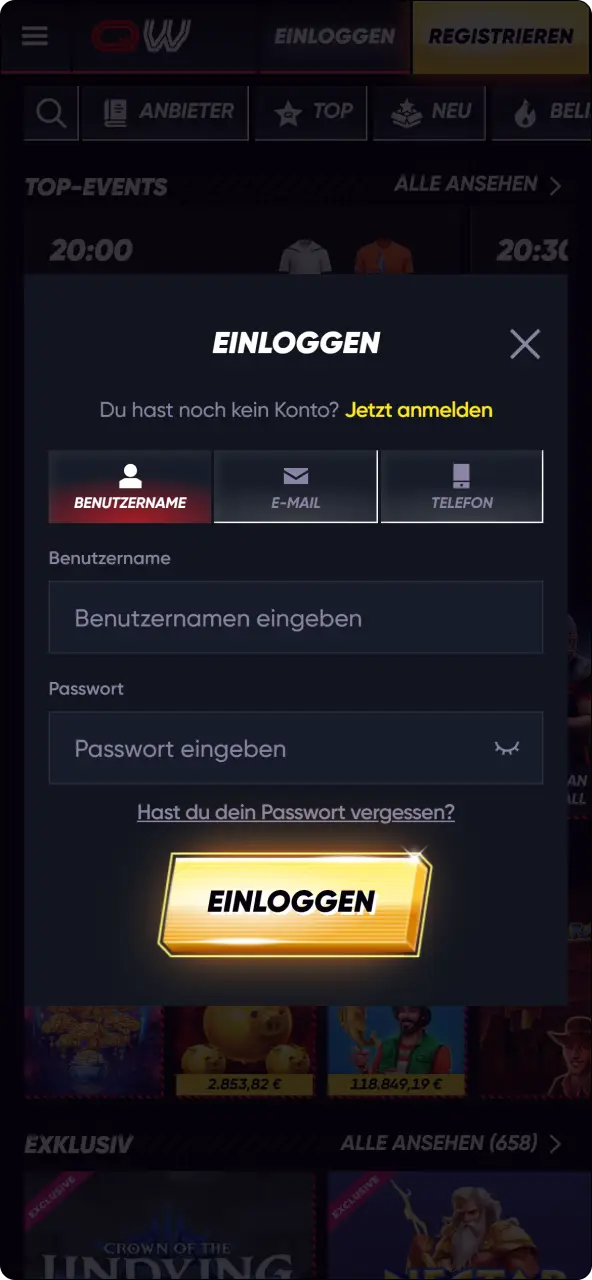 Logge dich in dein konto bei QuickWin ein, um mit der verifizierung zu starten.