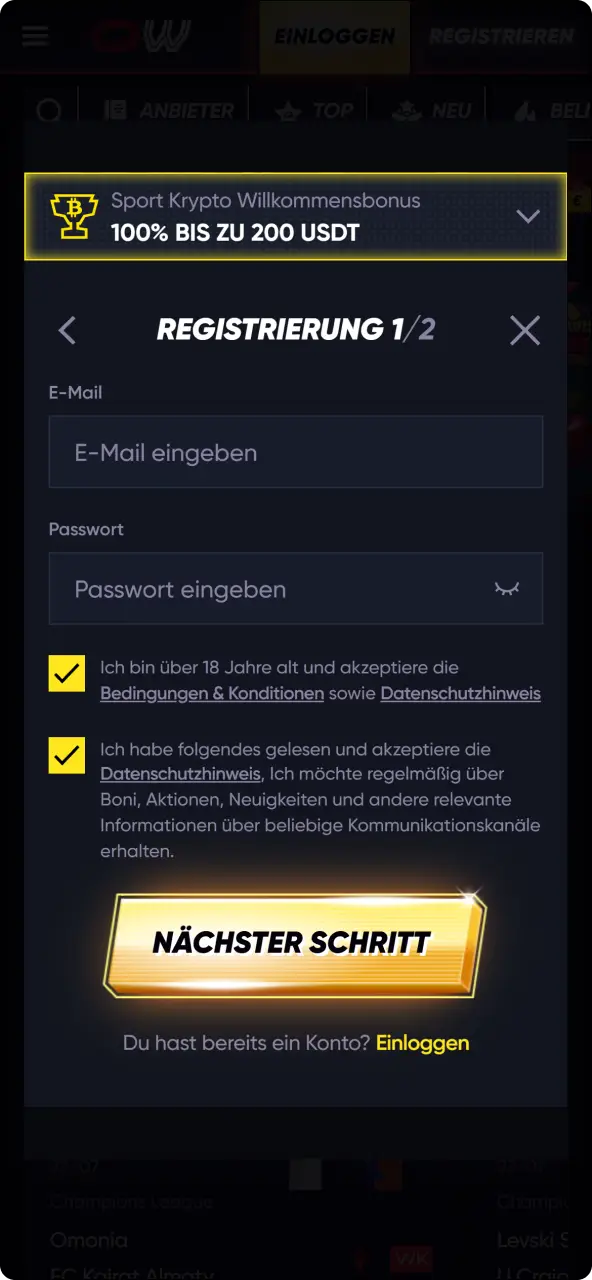 Gib die benötigten informationen bei Quickwin ein, um dein benutzerkonto zu erstellen.