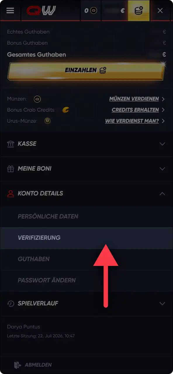 Öffne dein persönliches konto bei QuickWin und navigiere zum bereich für die kontoverifizierung.