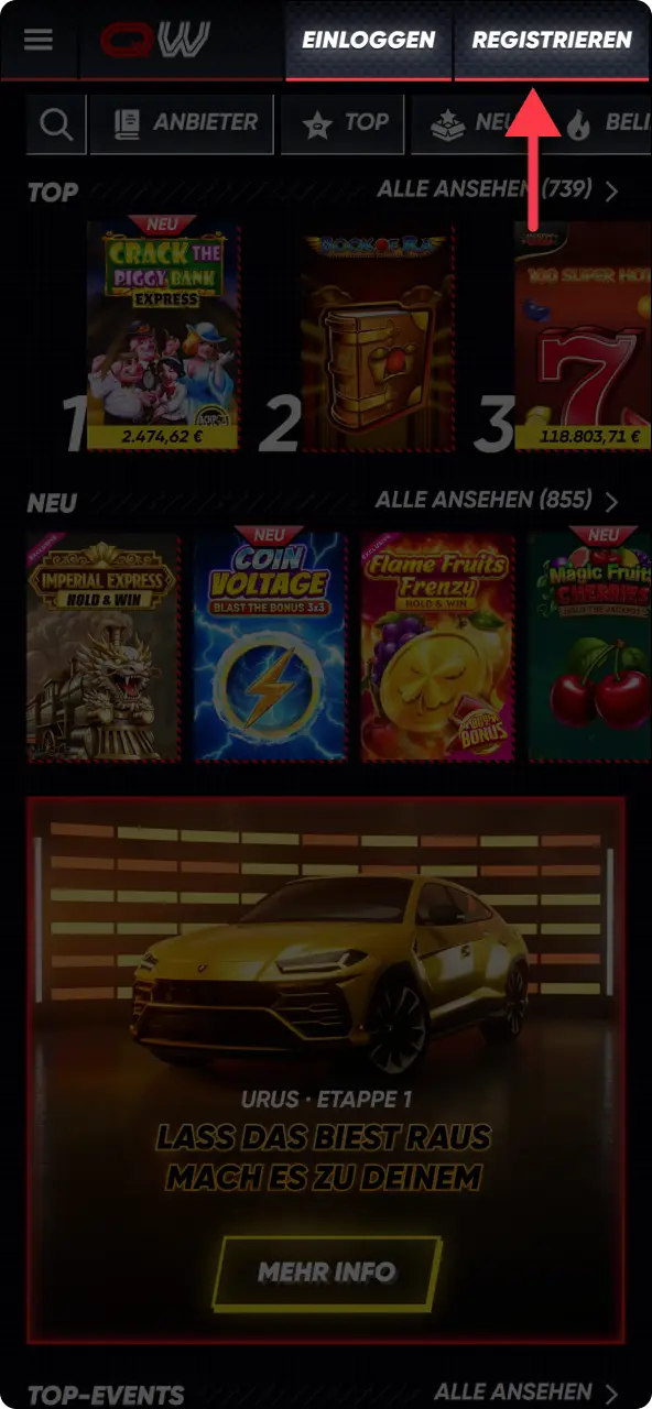 Öffne das registrierungsfenster bei Quickwin und starte den einfachen anmeldeprozess.
