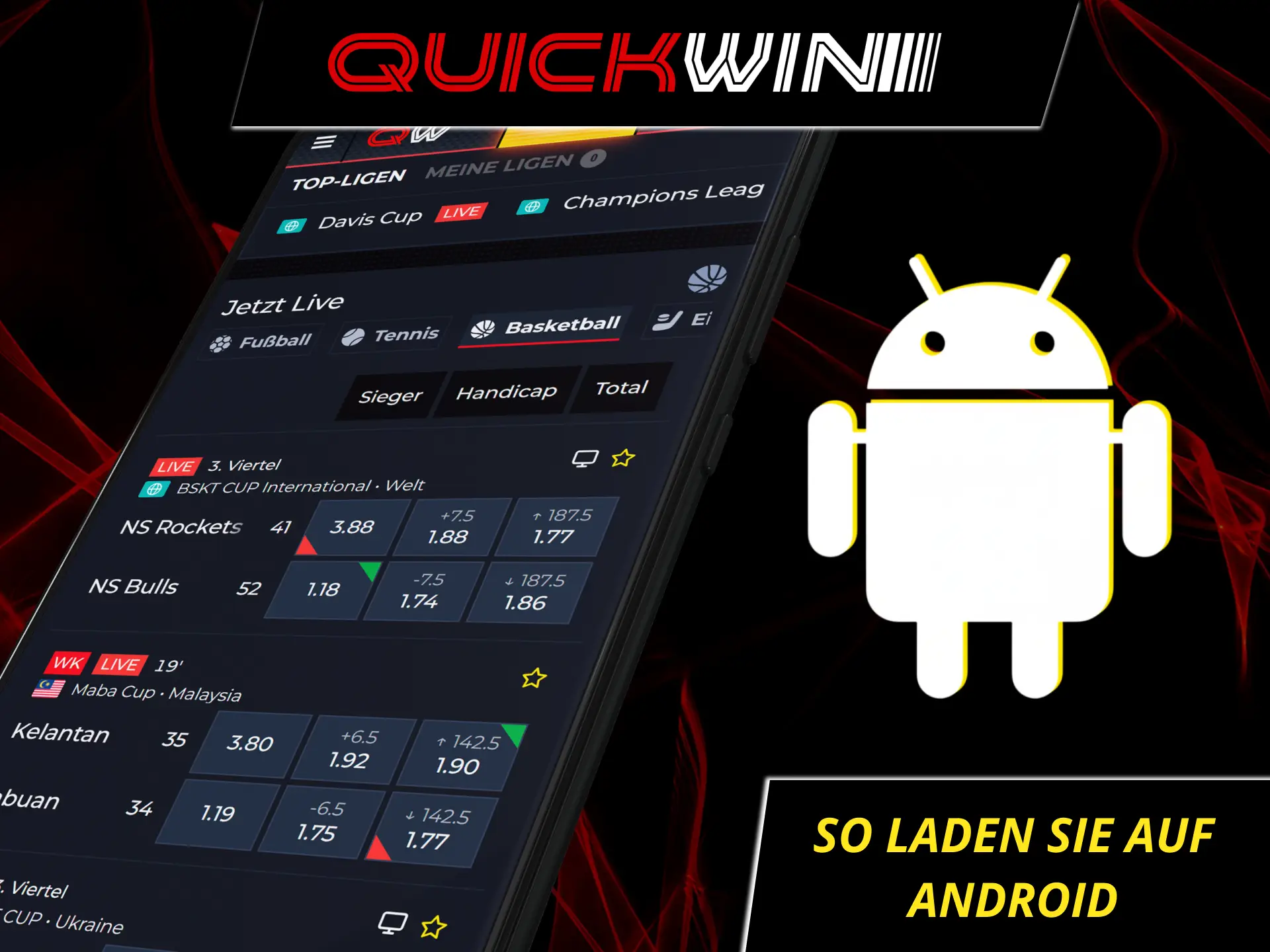 Laden Sie die mobile Quickwin-App für Android herunter, um auch unterwegs schnelle und voll ausgestattete Casino- und Sportwetten-Angebote zu genießen.