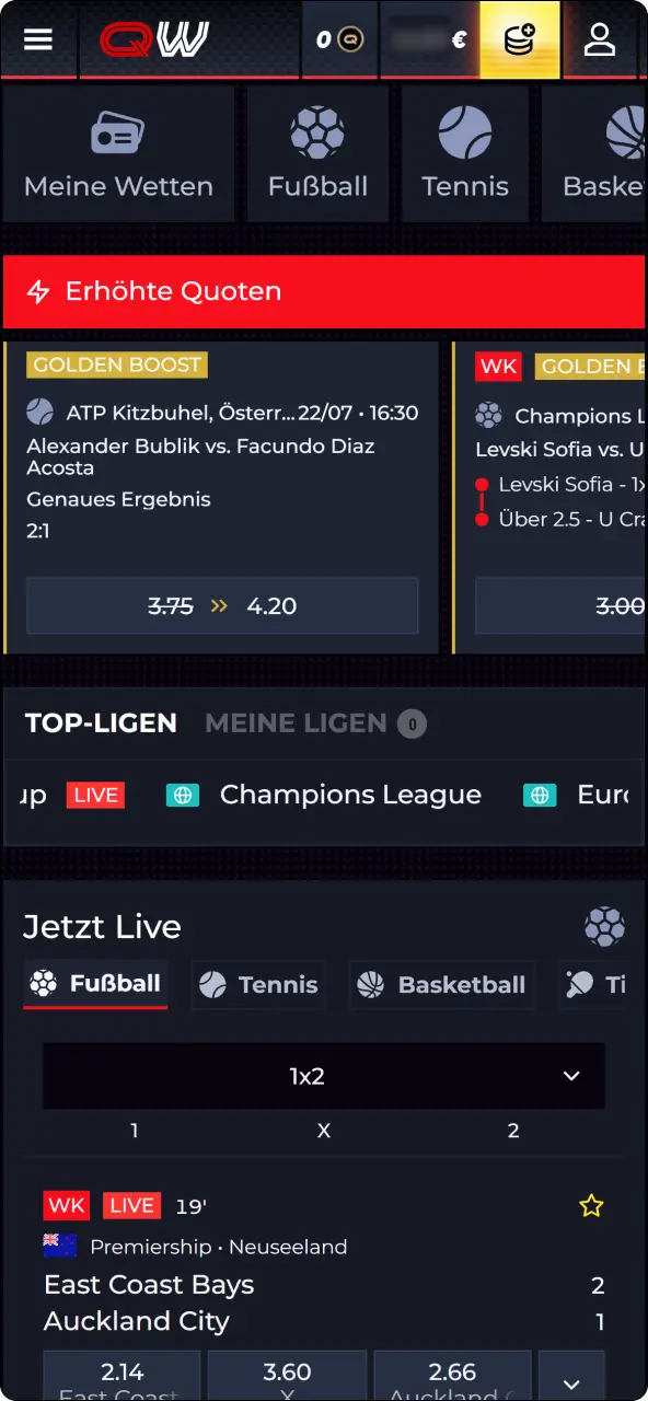 Öffne das übersichtliche sportsbook bei QuickWin und wähle deine lieblingssportart aus.